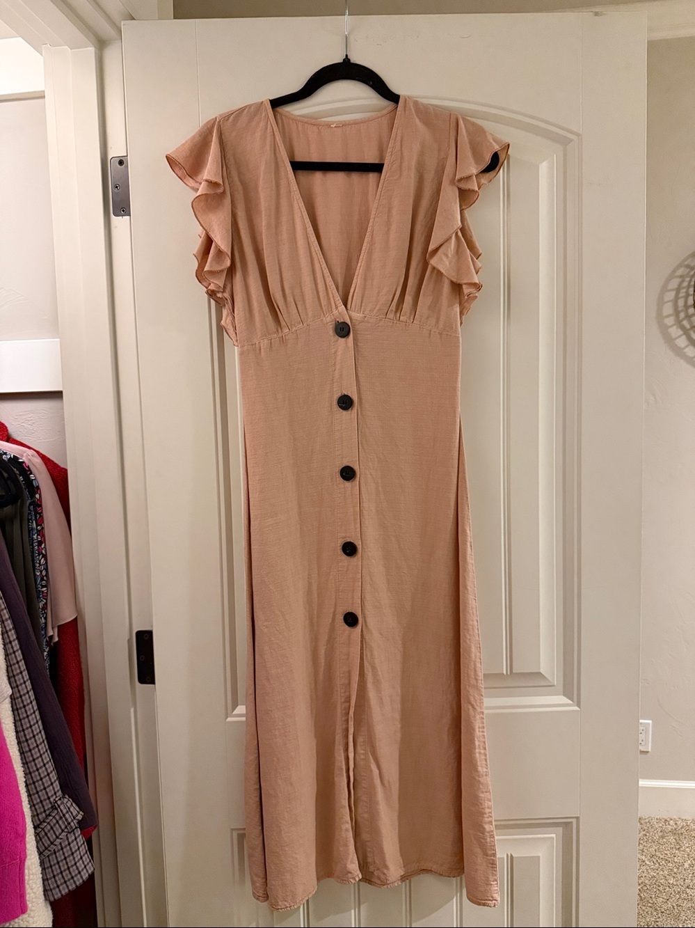 BLUSH PINK LINEN DRESS WITH BUTTON FRONT MIDI LENGTH
